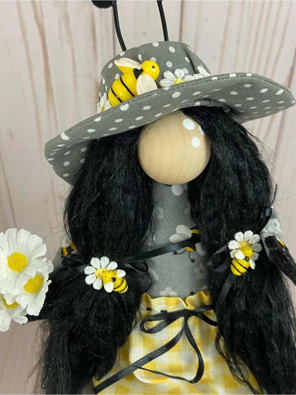 Handmade Sitting Bee Girl Gnome – Daisy Bumble Bee Shelf Sitter Decor - Picture 4 of 15